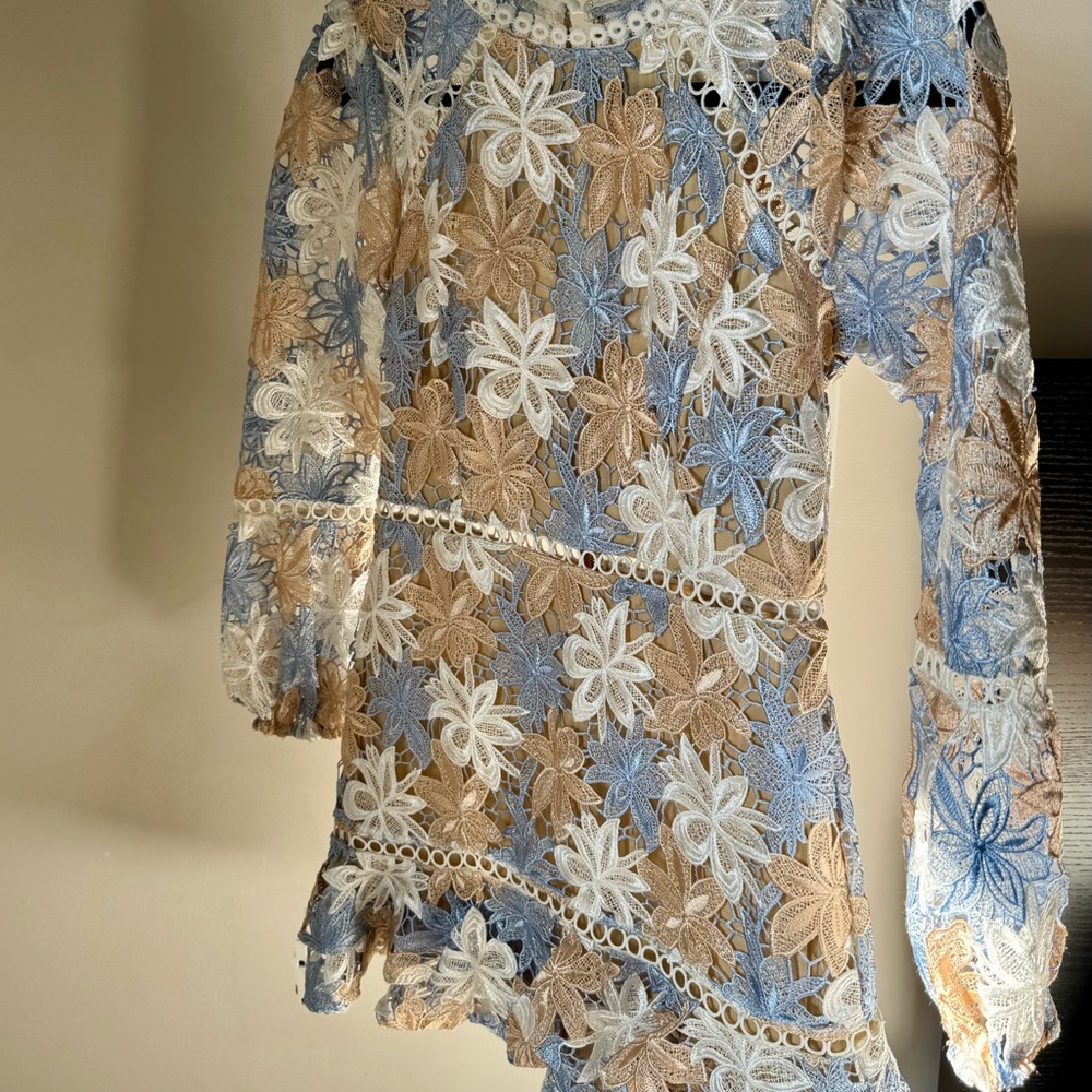 Floral Lace Dress in Blue, White, and Tan